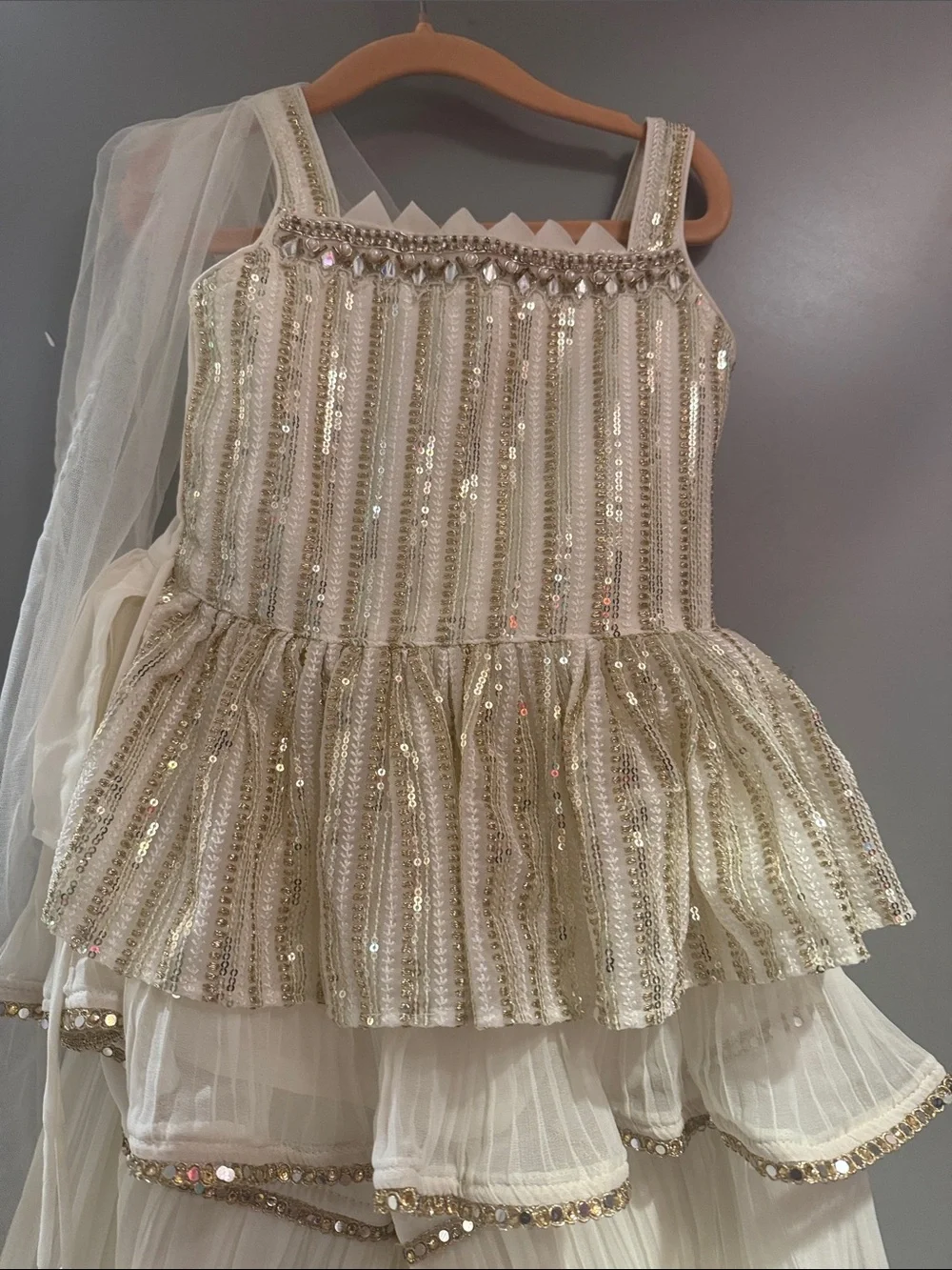 Cream Sequin Tiered Kids Costume Dress with Dupatta